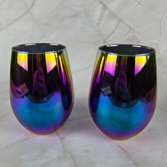 Rainbow Fusion Stemless Wine Glasses Set of 2 Glass Mirror Reflective Glass - Picture 1 of 6
